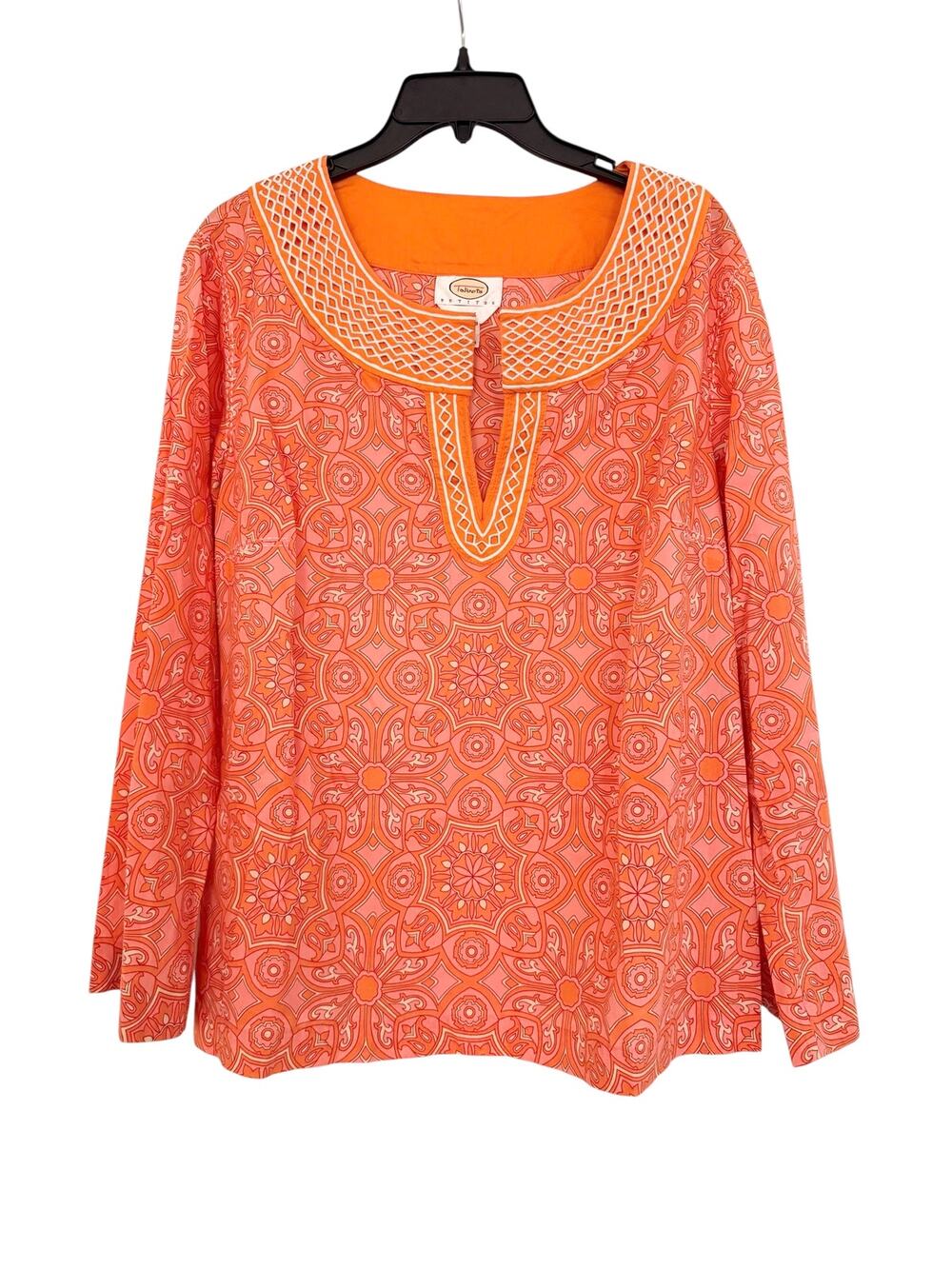 Talbots Petites Coral Pink Medallion Print Embroidered Split Neck Stretch Top XL